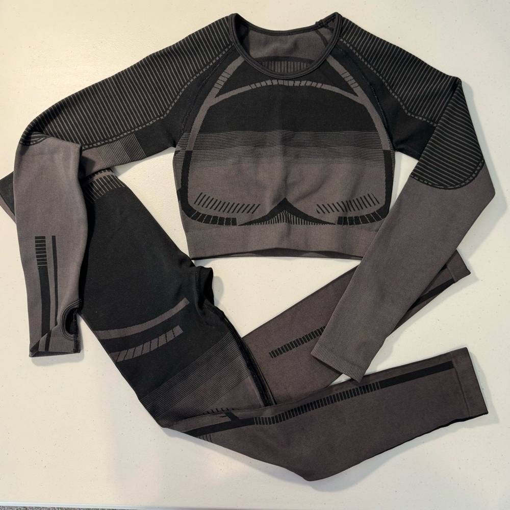 NEPOAGYM Turbo Black/Gray Training Leggings & LS Top w Cut Out Super Hott XS